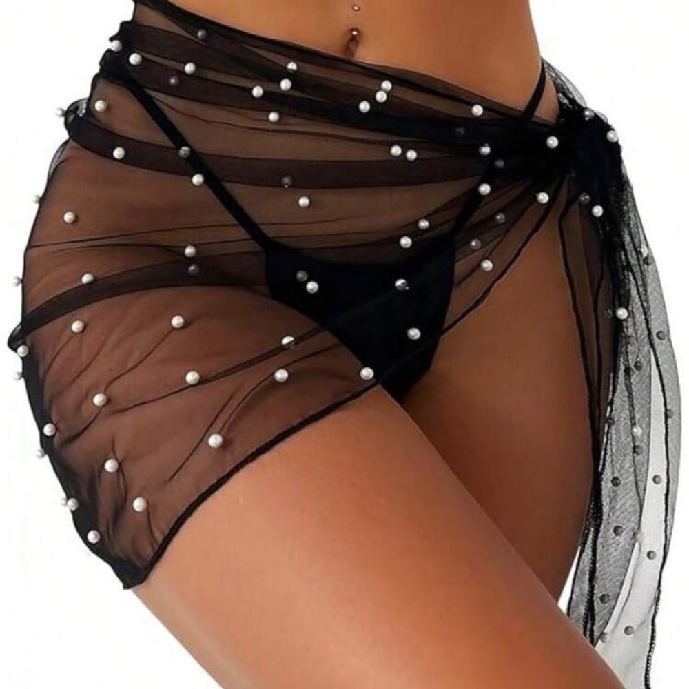 Elegant Black Sheer Pearl-Embellished Wrap Skirt
